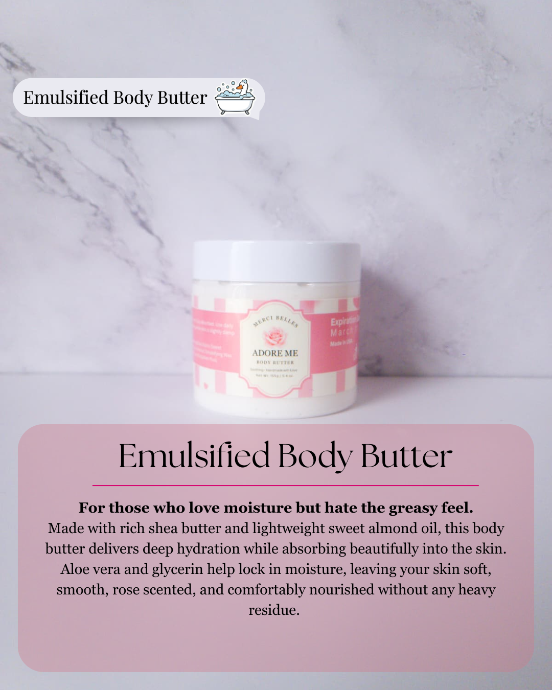 Title: Emulsified Body Butter
Text: Glow starts with what you remove.
This creamy scrub uses natural cane sugar crystals to gently exfoliate while shea butter and sweet almond oil replenish moisture at the same time. Leaving a light rose fragrance blooms as you smooth your skin. No dryness, no tight feeling—just soft, polished skin that looks and feels refreshed. 