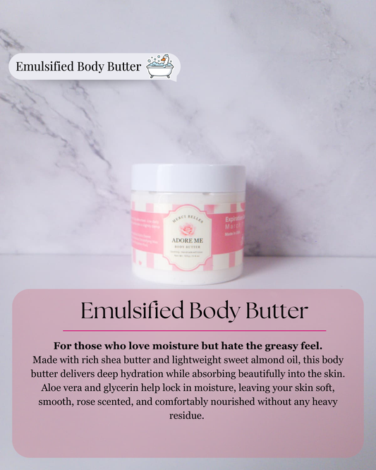 Title: Emulsified Body Butter
Text: Glow starts with what you remove.
This creamy scrub uses natural cane sugar crystals to gently exfoliate while shea butter and sweet almond oil replenish moisture at the same time. Leaving a light rose fragrance blooms as you smooth your skin. No dryness, no tight feeling—just soft, polished skin that looks and feels refreshed. 